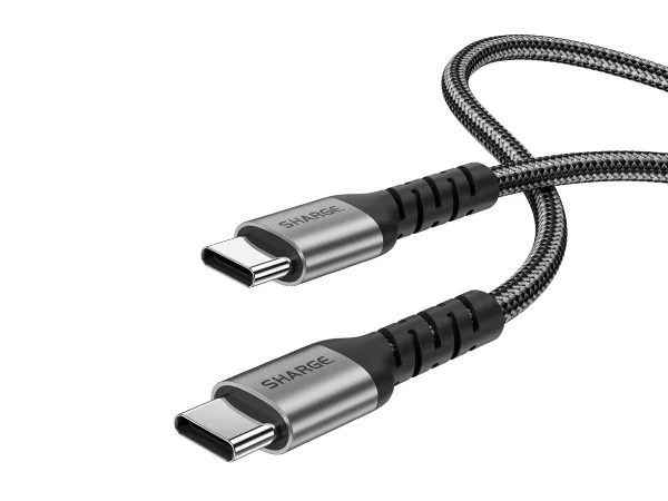Разъёмы USB-C кабеля SHARGE с серыми корпусами и чёрной плетёной оплёткой