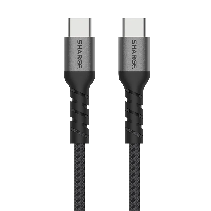 Плетёный кабель SHARGE USB-C → USB-C, чёрный, оба разъёма крупным планом