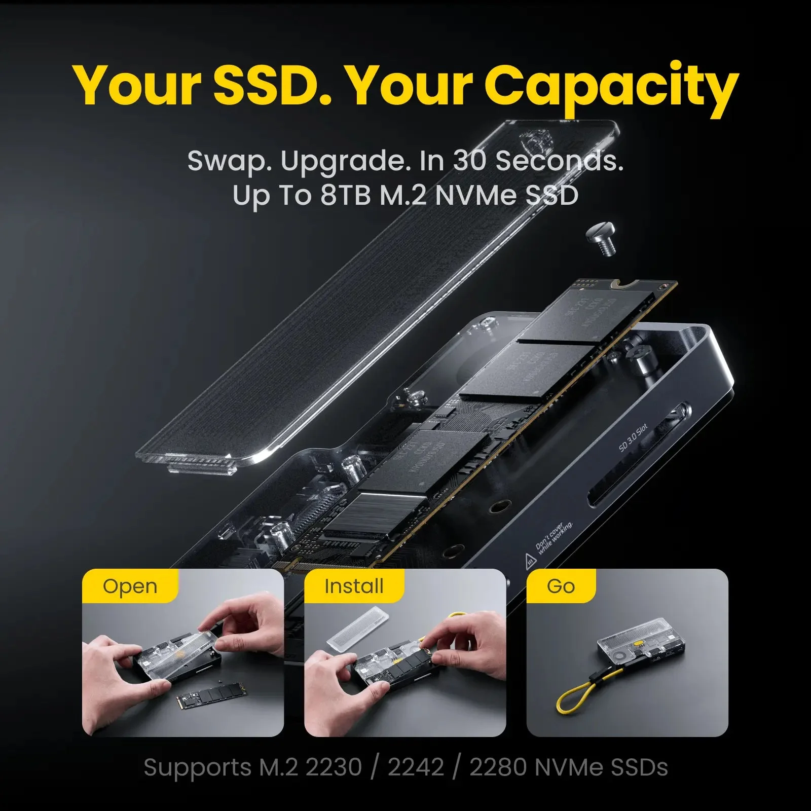 Разобранный SHARGE Disk Pro 2: установка SSD M.2 NVMe форматов 2230, 2242 и 2280
