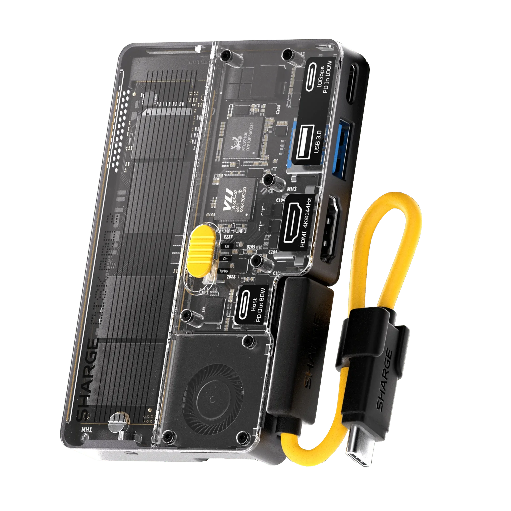 SHARGE Disk Pro 2 Ultra: полупрозрачный корпус с жёлтыми акцентами, порты USB-C, USB-A и HDMI, жёлтая петля-кабель
