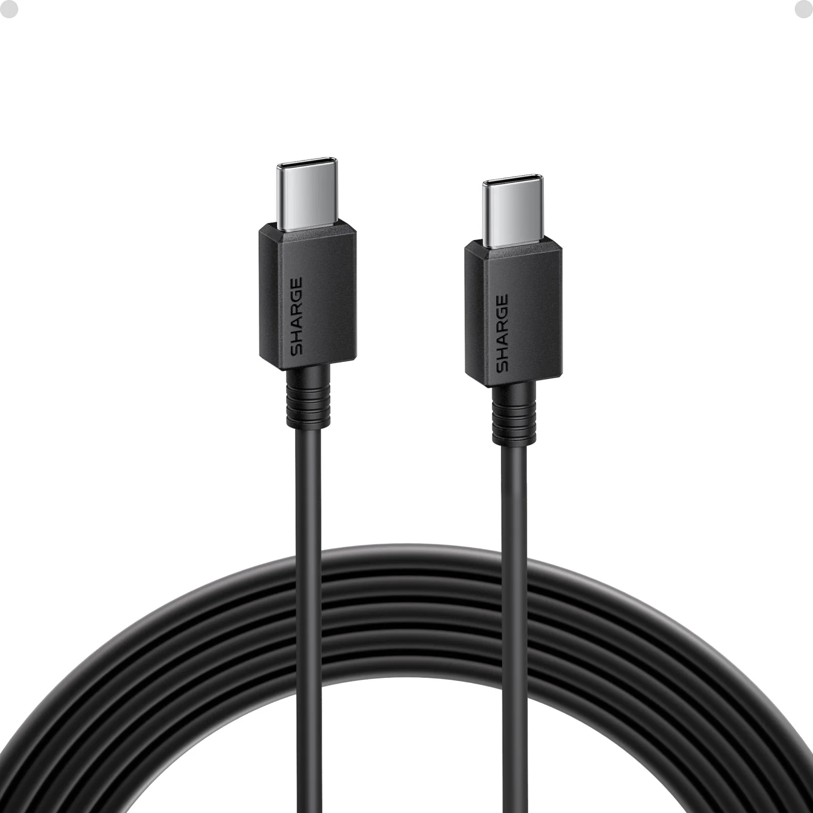 Чёрный кабель SHARGE USB-C → USB-C длиной 1,5 м, свёрнутый в кольцо
