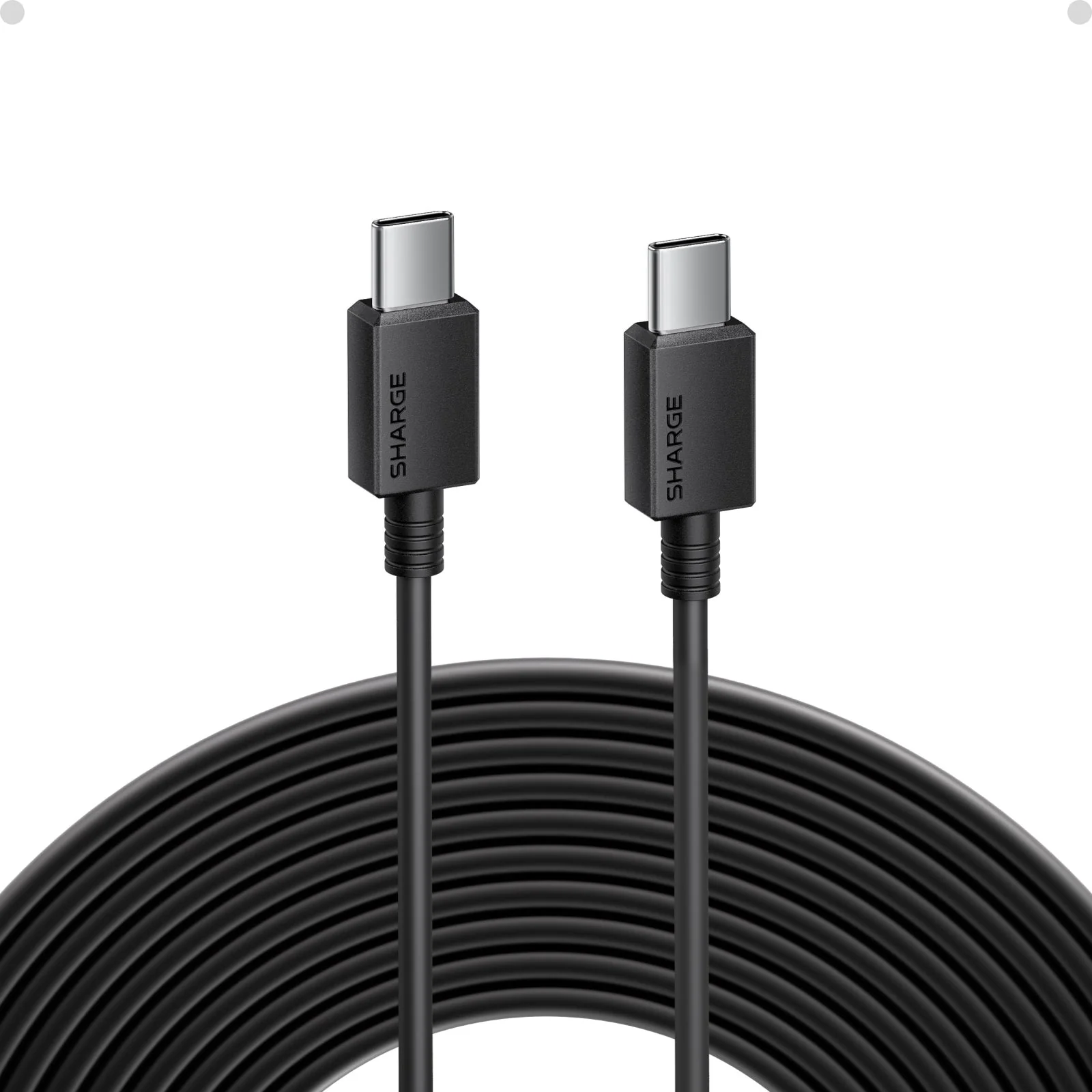 Чёрный кабель SHARGE USB-C → USB-C длиной 3 м, смотанный в несколько витков