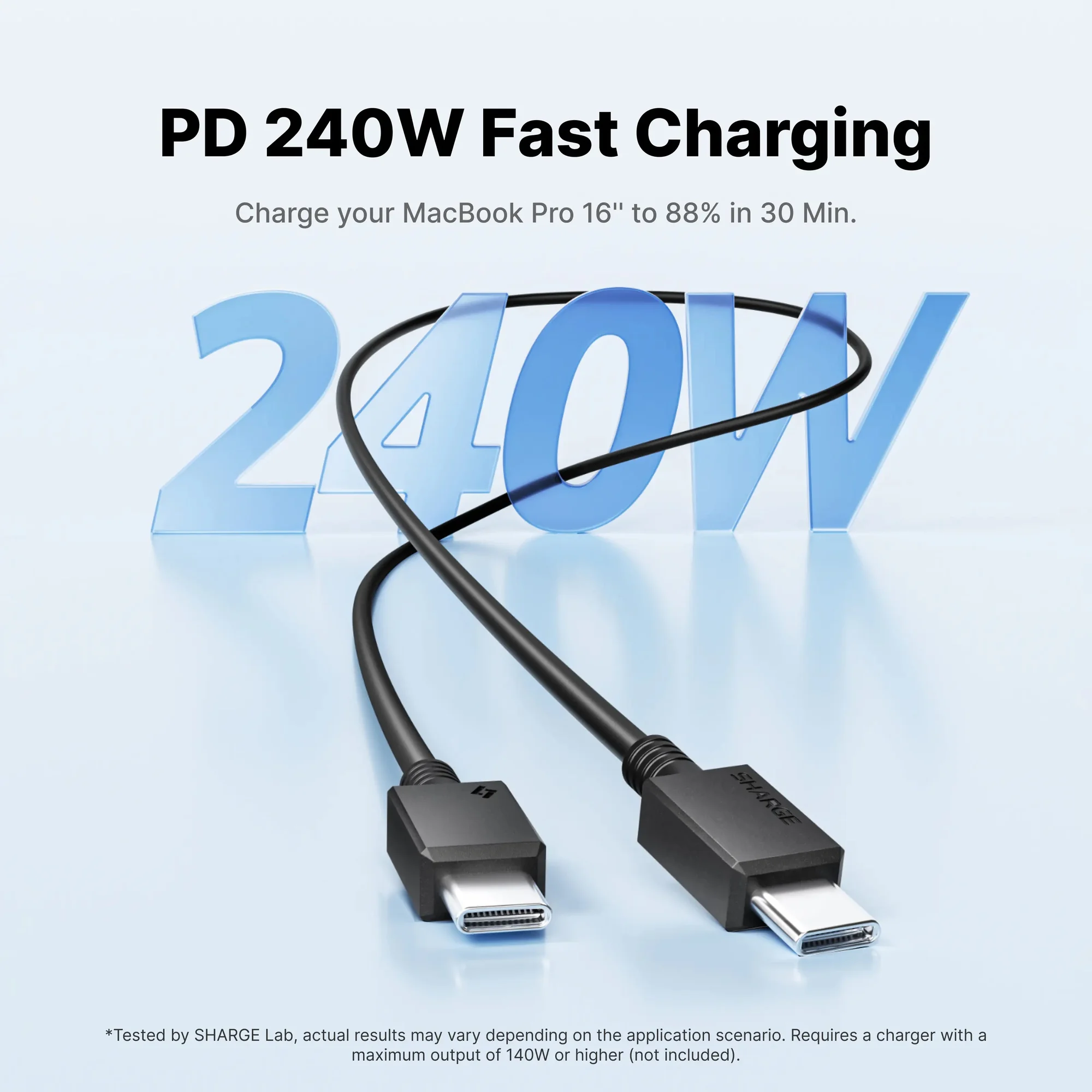 Зарядка 240 Вт: кабель SHARGE USB-C на фоне надписи 240W