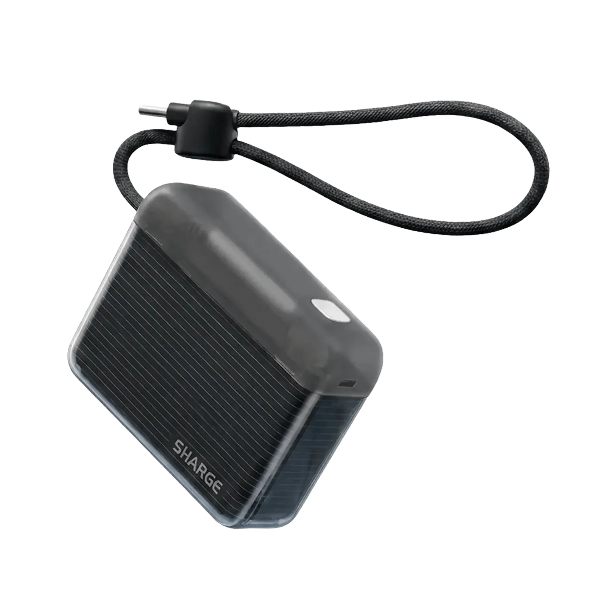 SHARGE Flow Go в чёрном полупрозрачном корпусе со встроенным плетёным кабелем USB-C