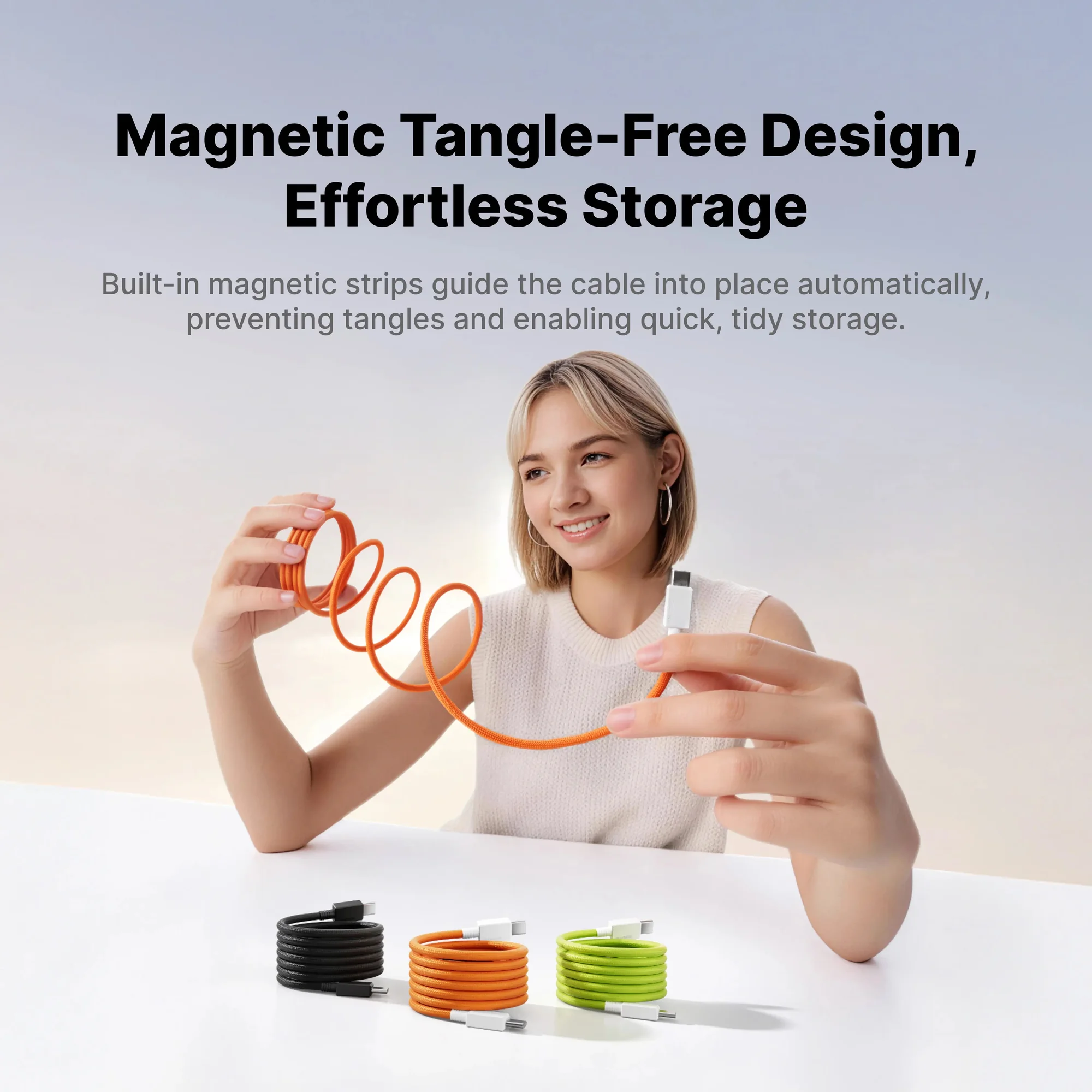 Иллюстрация SHARGE: кабель MagLoop сматывается в кольцо в руках, рядом три цвета