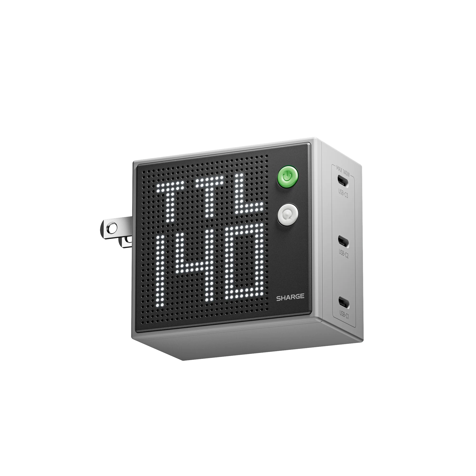 SHARGE Pixel 140 в сером цвете: чёрная панель, зелёная кнопка, три USB-C
