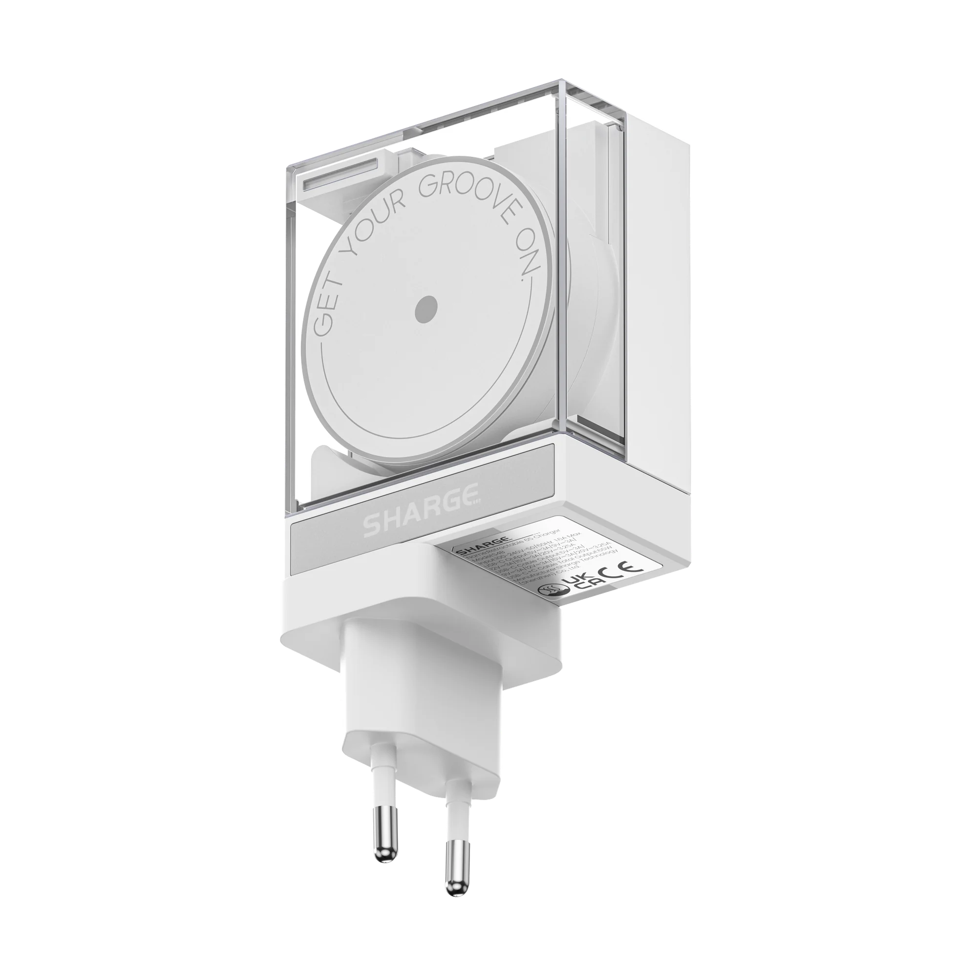 SHARGE Retractable 65 белого цвета: прозрачная крышка и диск с кабелем