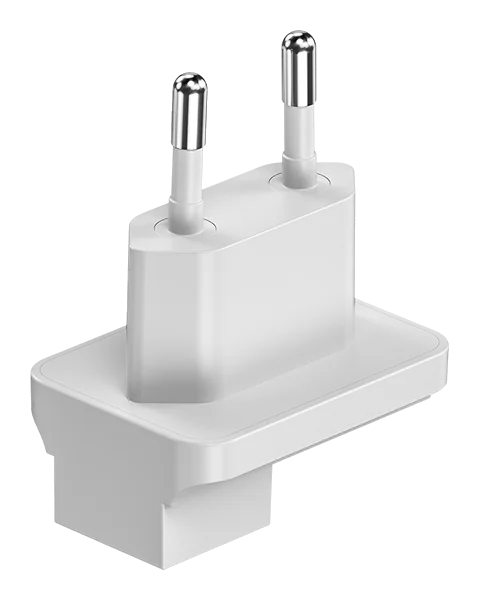 SHARGE Plugs Adapter: белая вилка EU Type C крупным планом, видна посадочная площадка