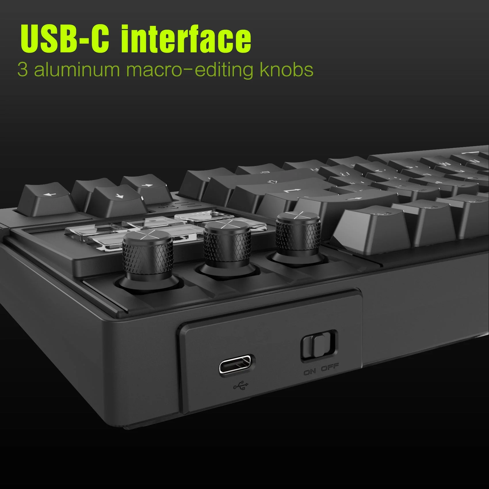 Порт USB Type-C на торце K1 Pro и три алюминиевых энкодера крупным планом