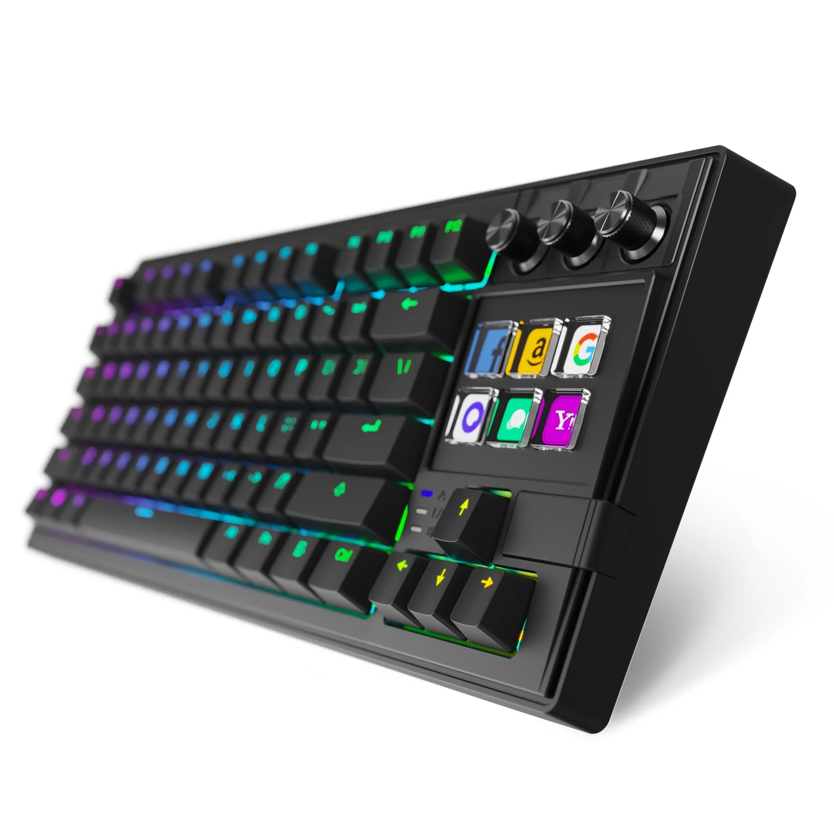 Чёрная клавиатура K1 Pro под углом: RGB-подсветка, ЖК-клавиши и три чёрных энкодера