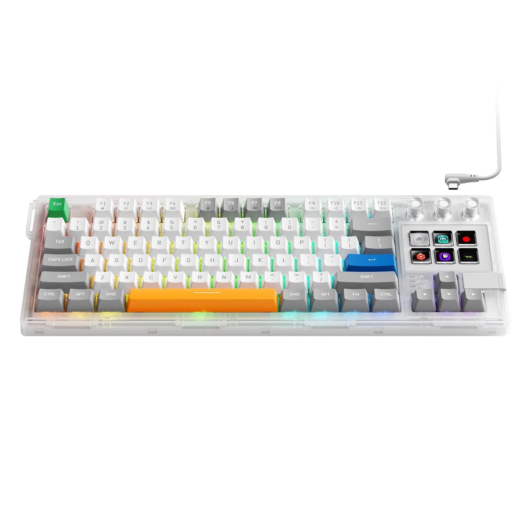 Прозрачная версия K1 Pro: акриловый корпус, белые и серые колпачки, оранжевый пробел