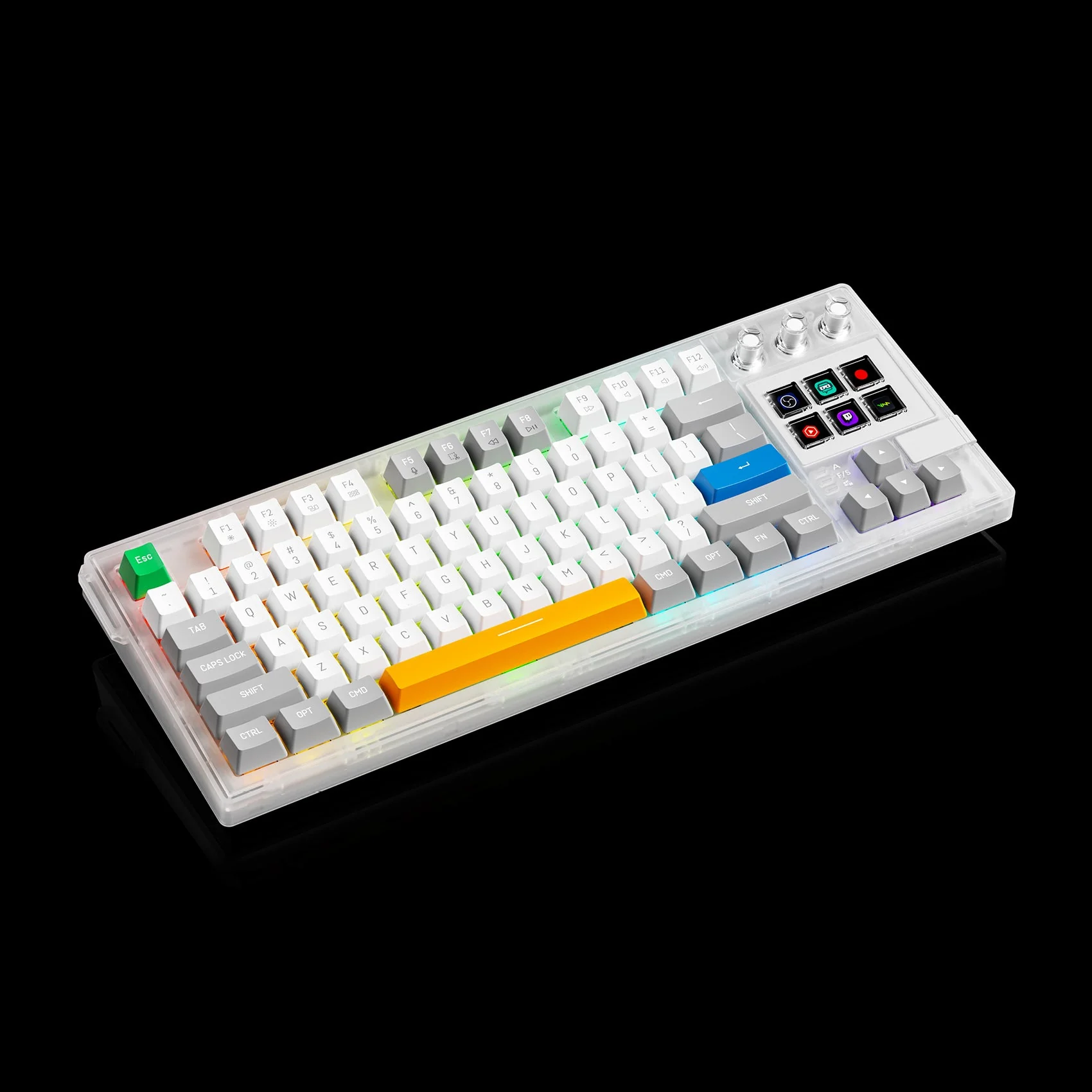Клавиатура VSDinside K1 W в полупрозрачном белом корпусе под углом, с RGB-подсветкой и блоком из шести ЖК-клавиш