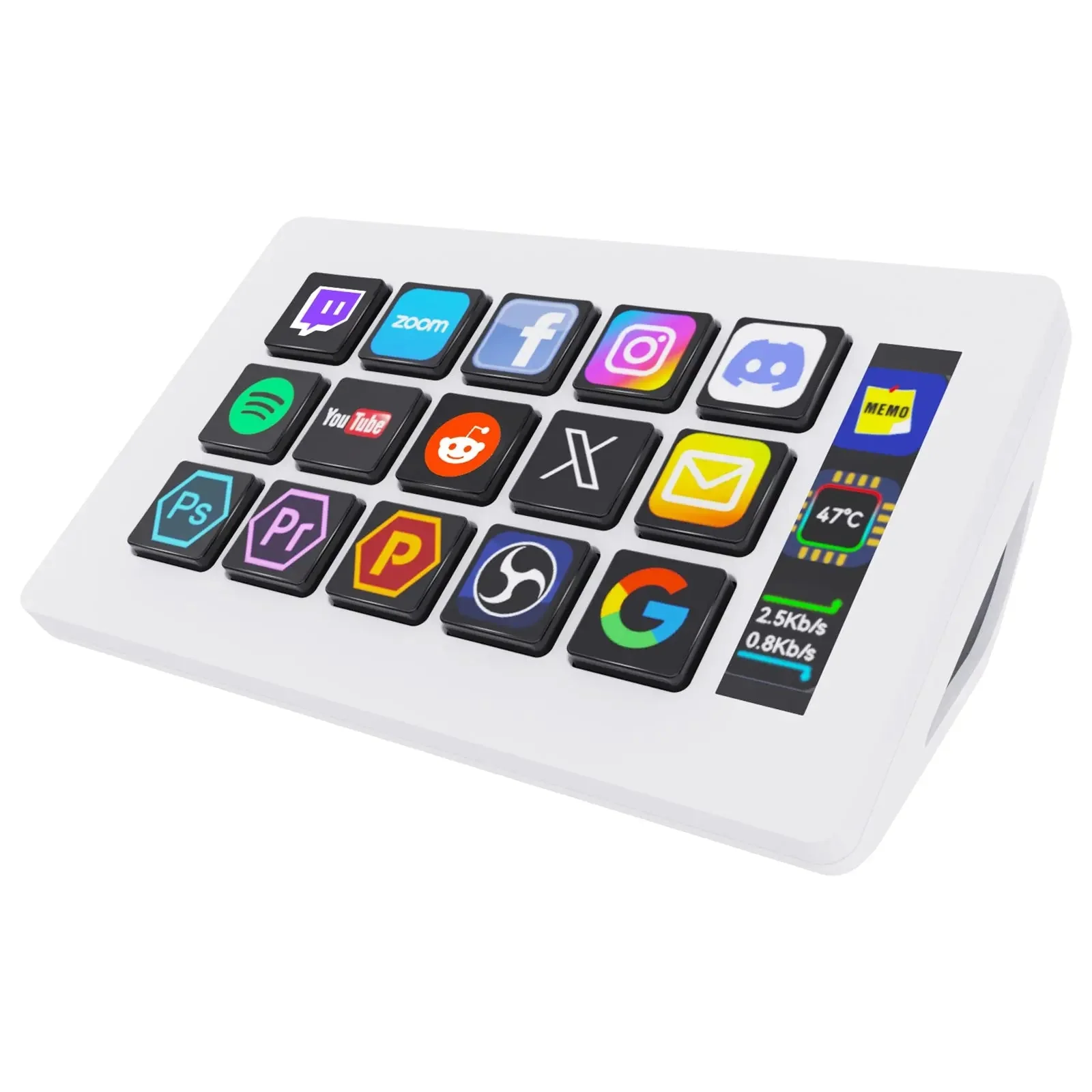 Белый VSDinside Stream Dock 293S: 15 LCD-клавиш с иконками приложений и информационная полоса справа
