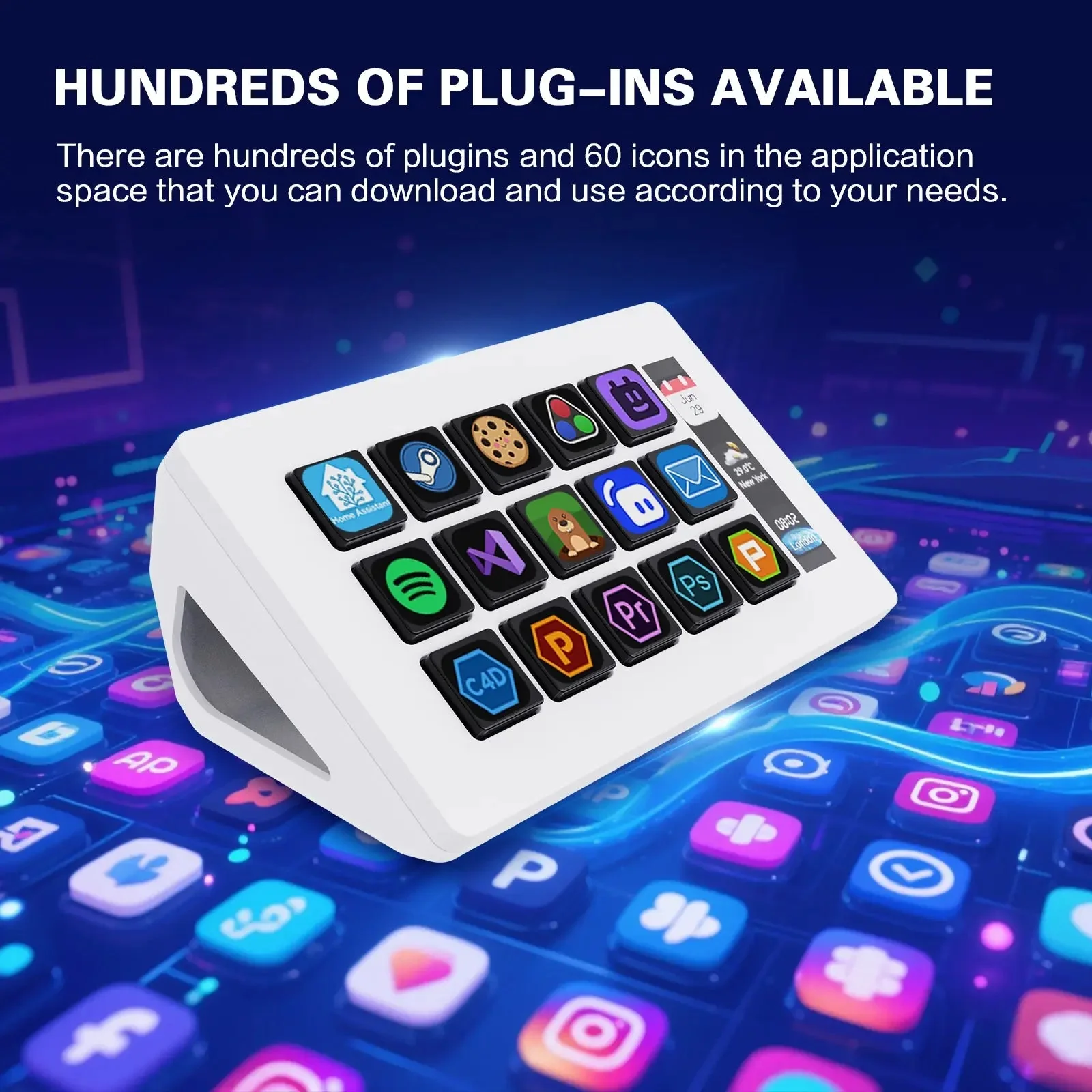 Белый Stream Dock 293S среди иконок приложений: плагины и наборы иконок из приложения VSD Craft