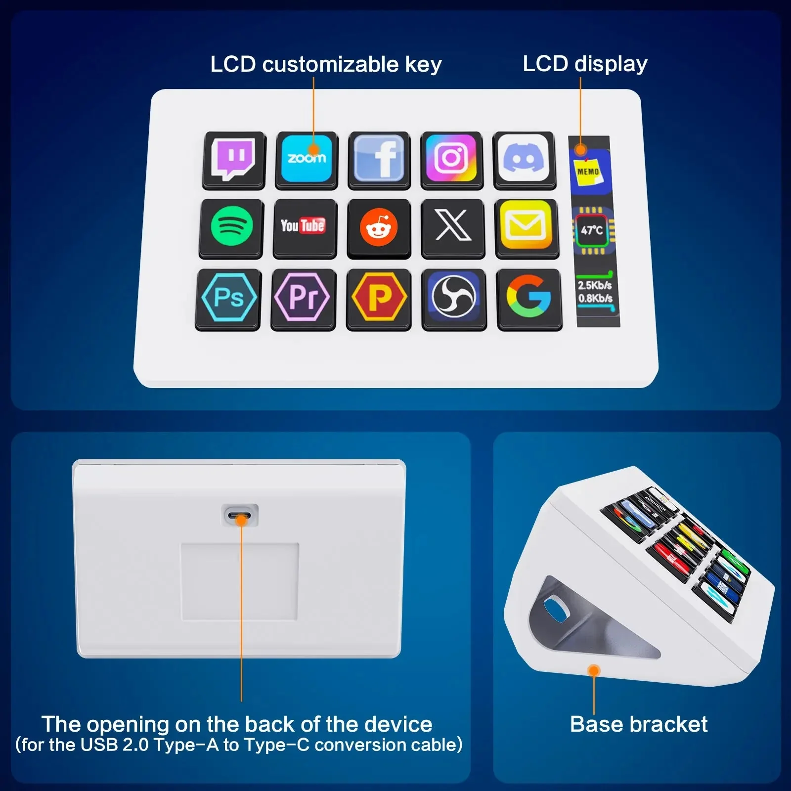 Детали Stream Dock 293S: LCD-клавиши, информационная полоса, ниша для кабеля на задней стенке и подставка