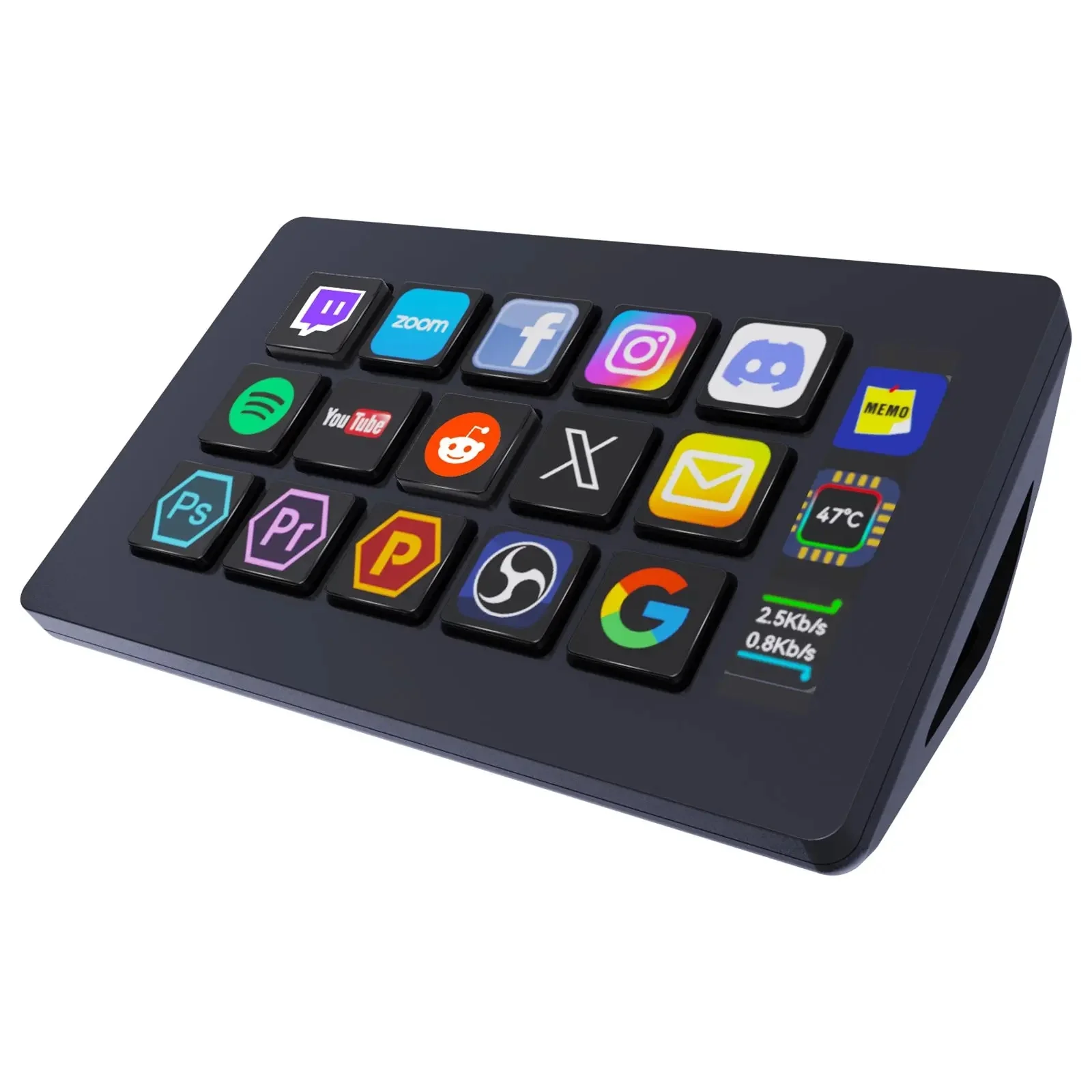 Чёрный VSDinside Stream Dock 293S на подставке, вид сбоку, 15 LCD-клавиш и инфо-полоса