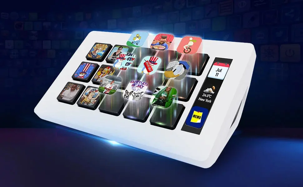 Белый Stream Dock 293S со светящимися игровыми иконками на LCD-клавишах