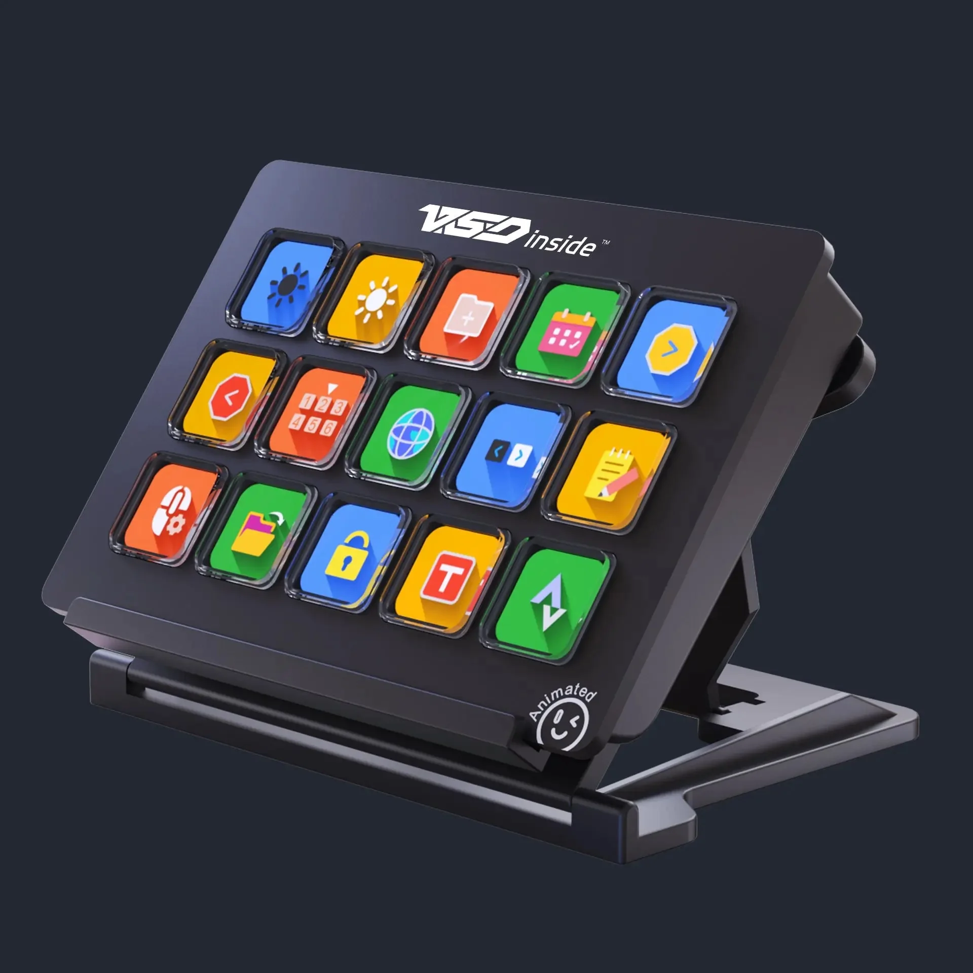 Stream Dock 293 V3 на настольной подставке в одном из трёх положений по высоте, вид под углом