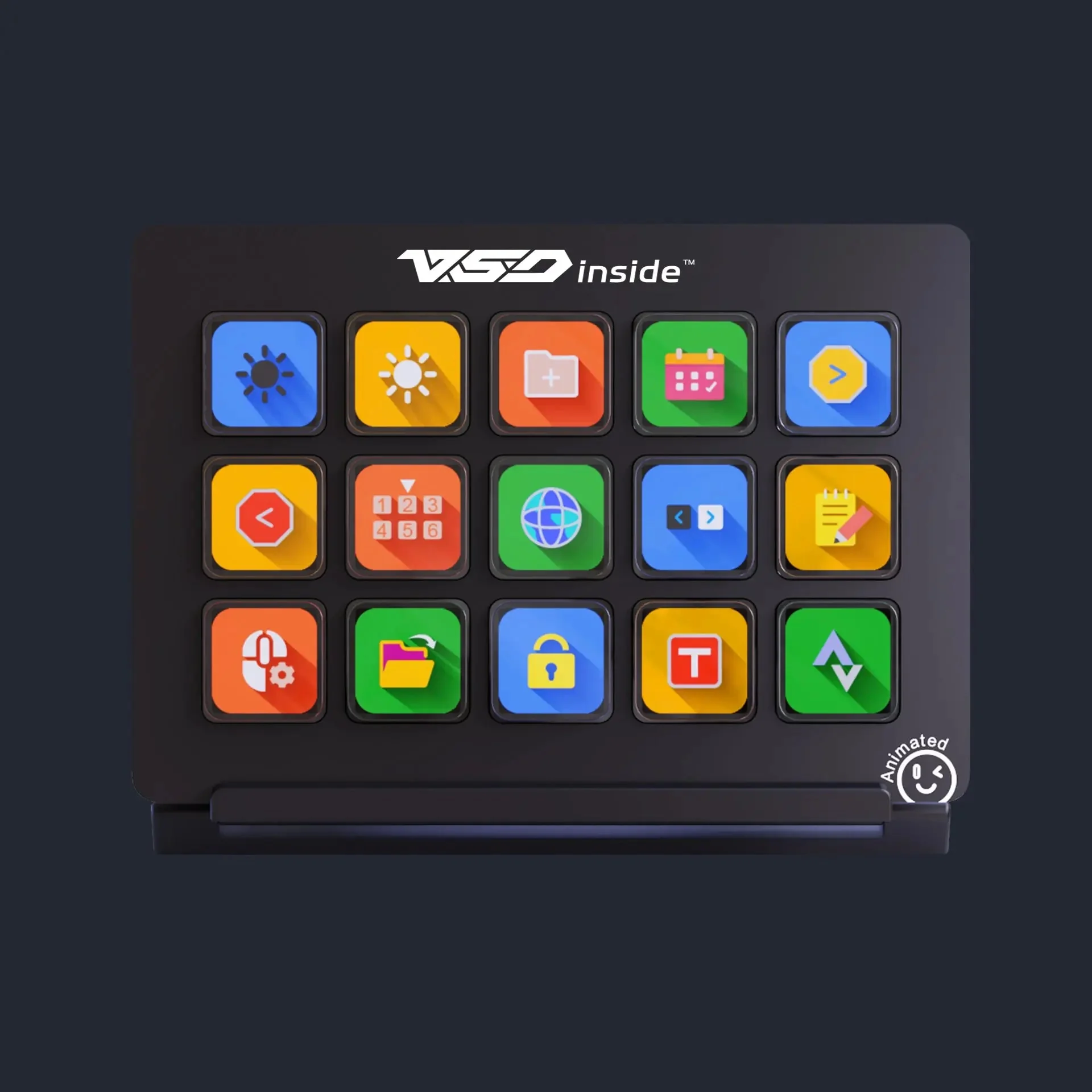 Stream Dock 293 V3 на тёмном фоне: пятнадцать клавиш 19 мм в алюминиевой панели и логотип VSD inside