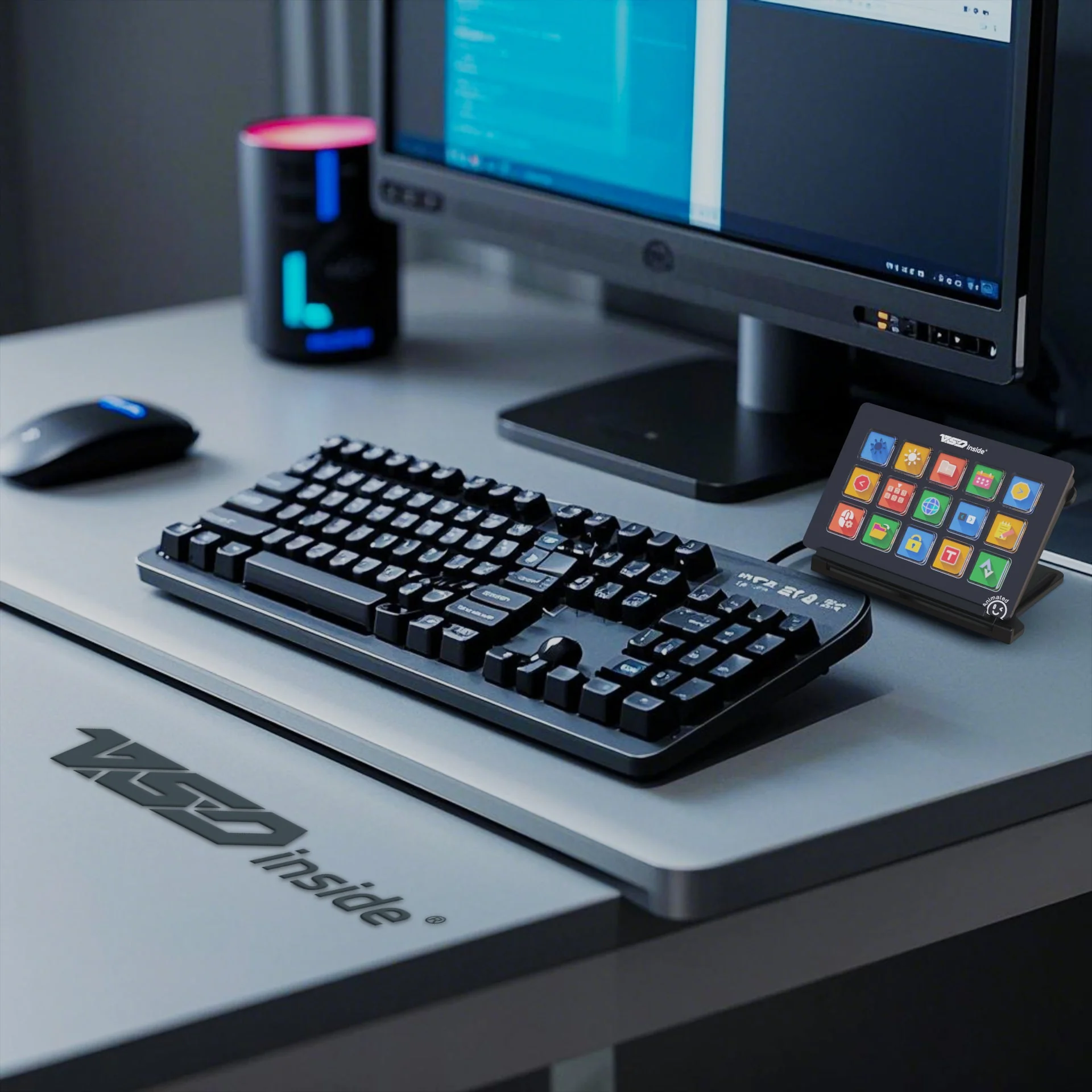 Stream Dock 293 V3 на рабочем столе рядом с клавиатурой, мышью и монитором