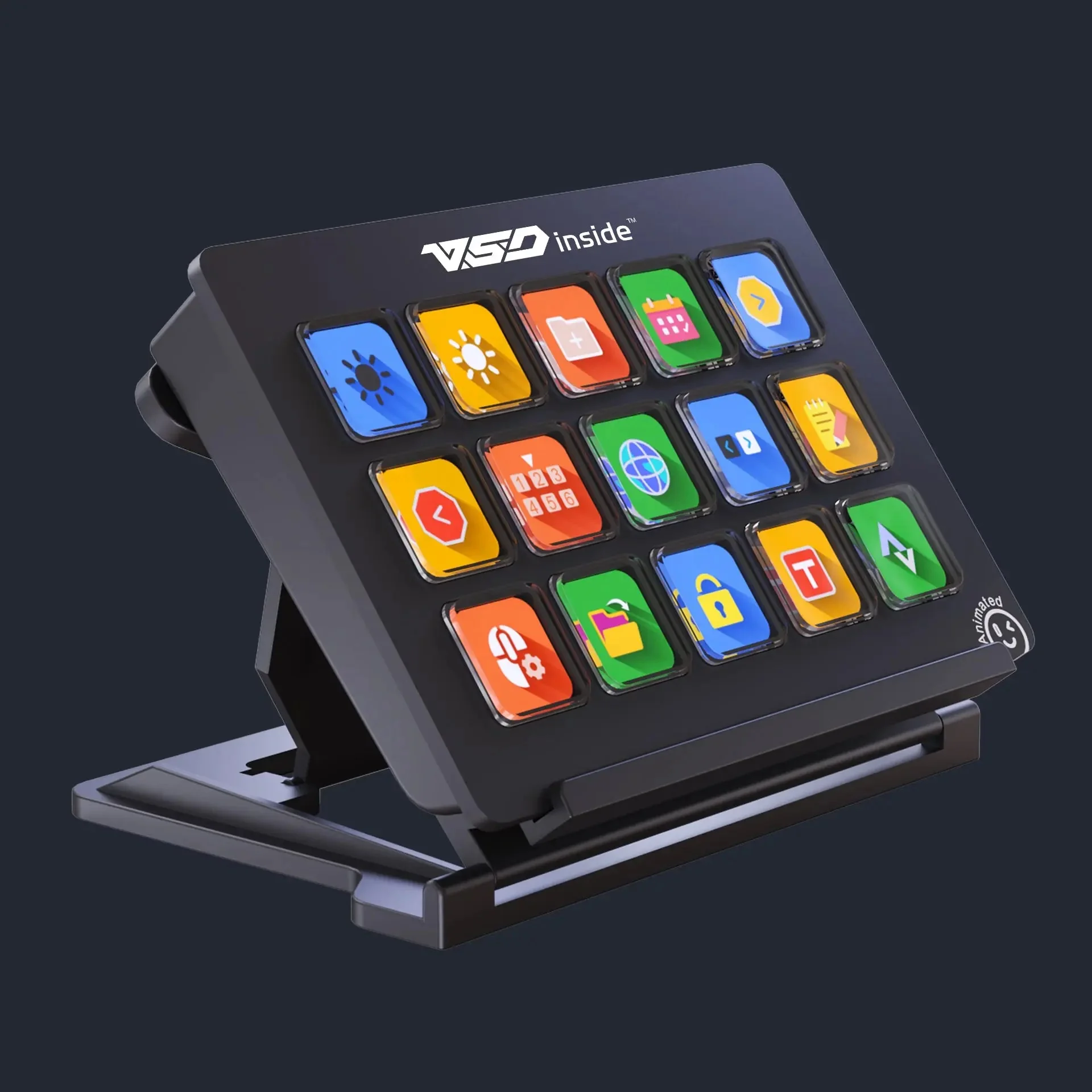 Stream Dock 293 V3 под крутым углом подставки: видно раскладной упор и алюминиевую панель