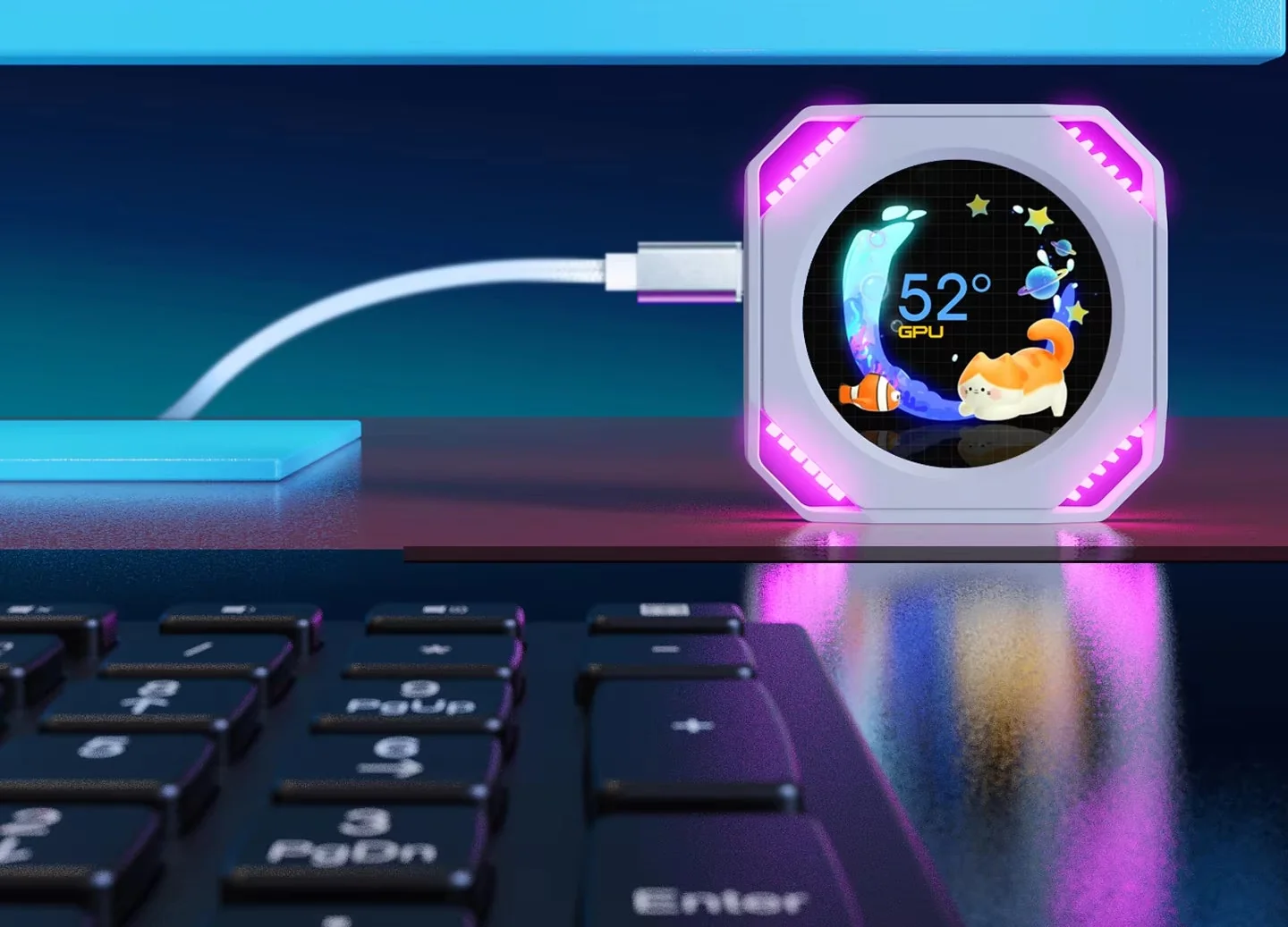 Белый DR21 на столе с анимированным фоном и температурой GPU, розовая RGB-подсветка