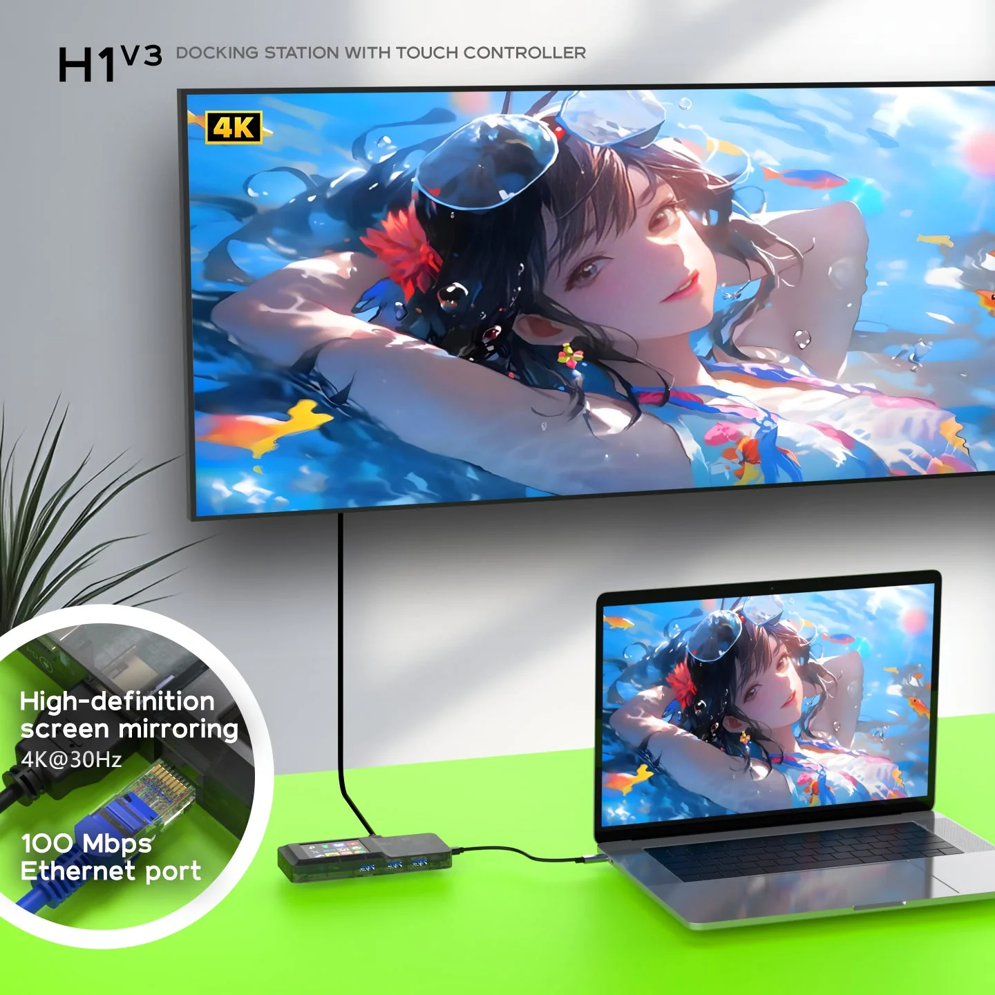 H1 выводит изображение с ноутбука на большой экран по HDMI 4K при 30 Гц и даёт сеть RJ45