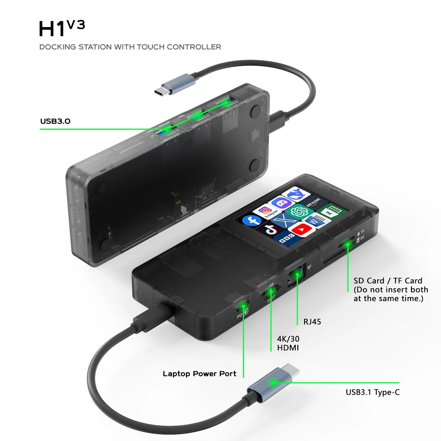 VSDinside Stream Dock H1 с двух сторон: порты USB 3.0, HDMI 4K, RJ45, слот SD/TF и сенсорный экран с иконками