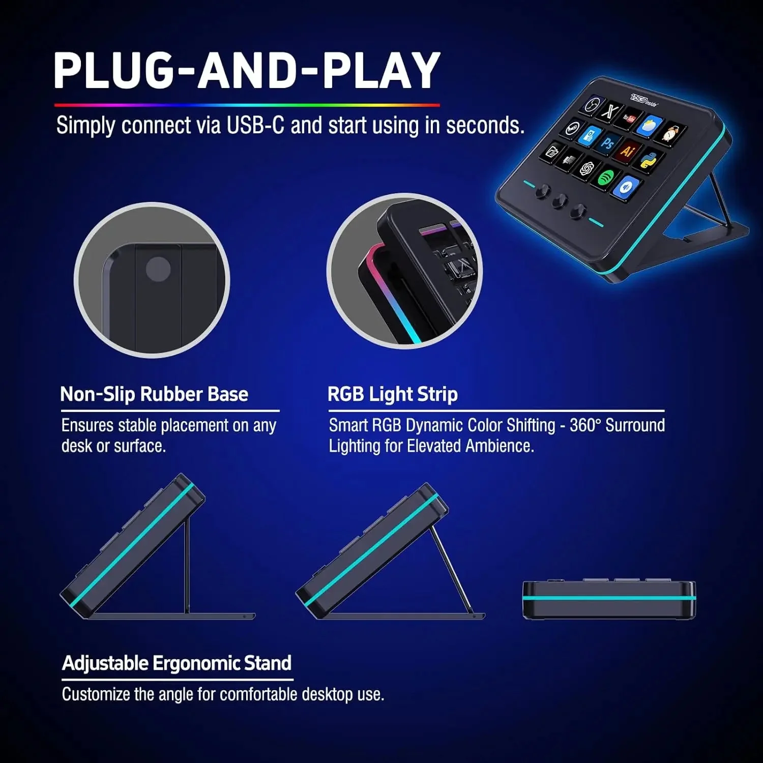 Детали Stream Dock M18: нескользящее резиновое основание, RGB-полоса и регулируемая откидная подставка