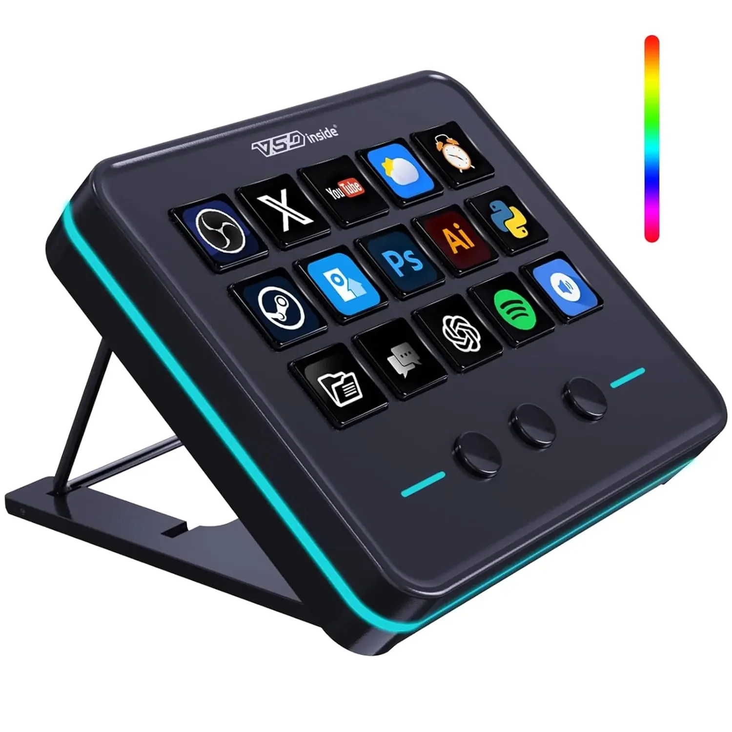 Чёрный VSDinside Stream Dock M18 на откидной подставке: 15 LCD-клавиш, 3 кнопки и RGB-кольцо по периметру