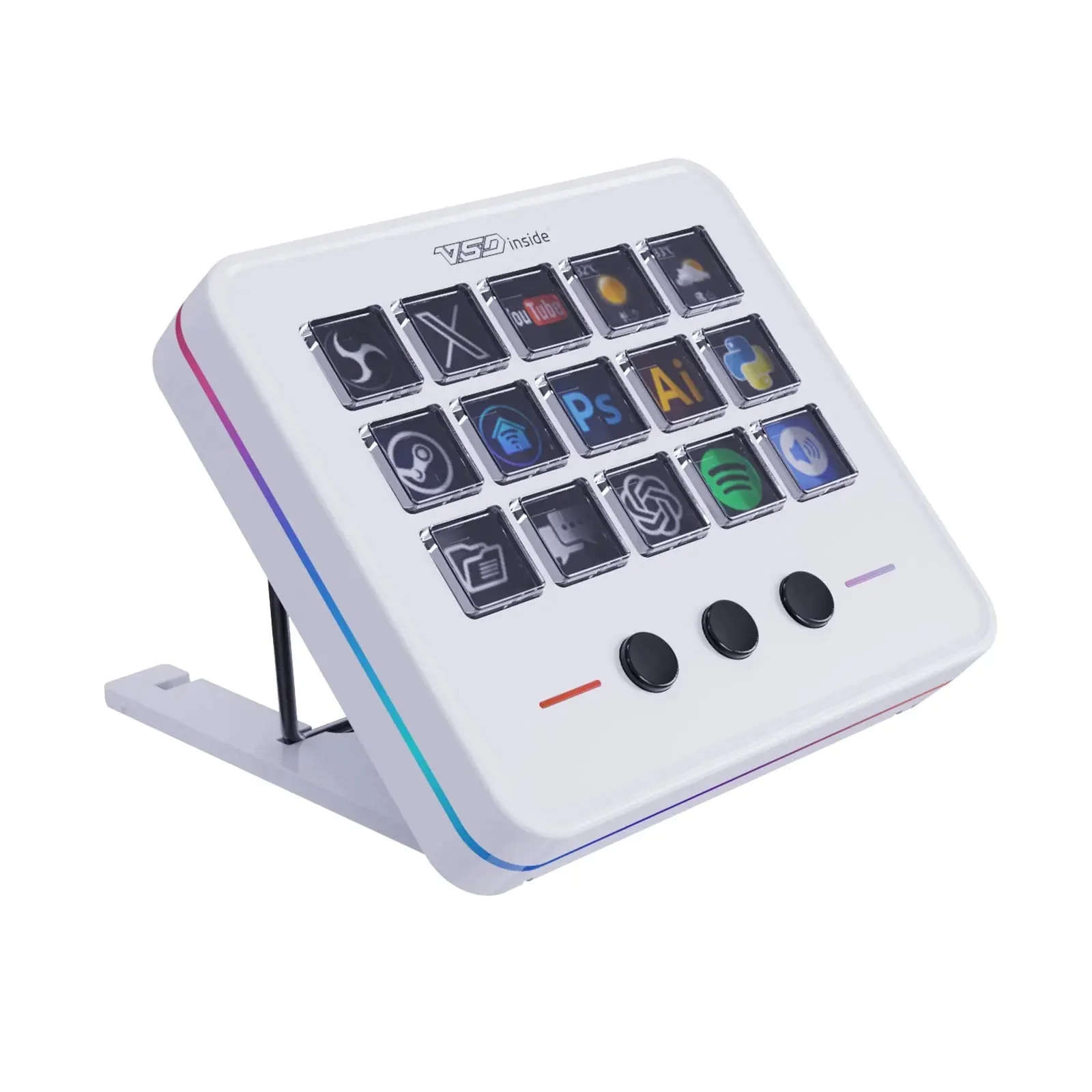 Белый VSDinside Stream Dock M18 на подставке, вид под углом: 15 LCD-клавиш и три кнопки