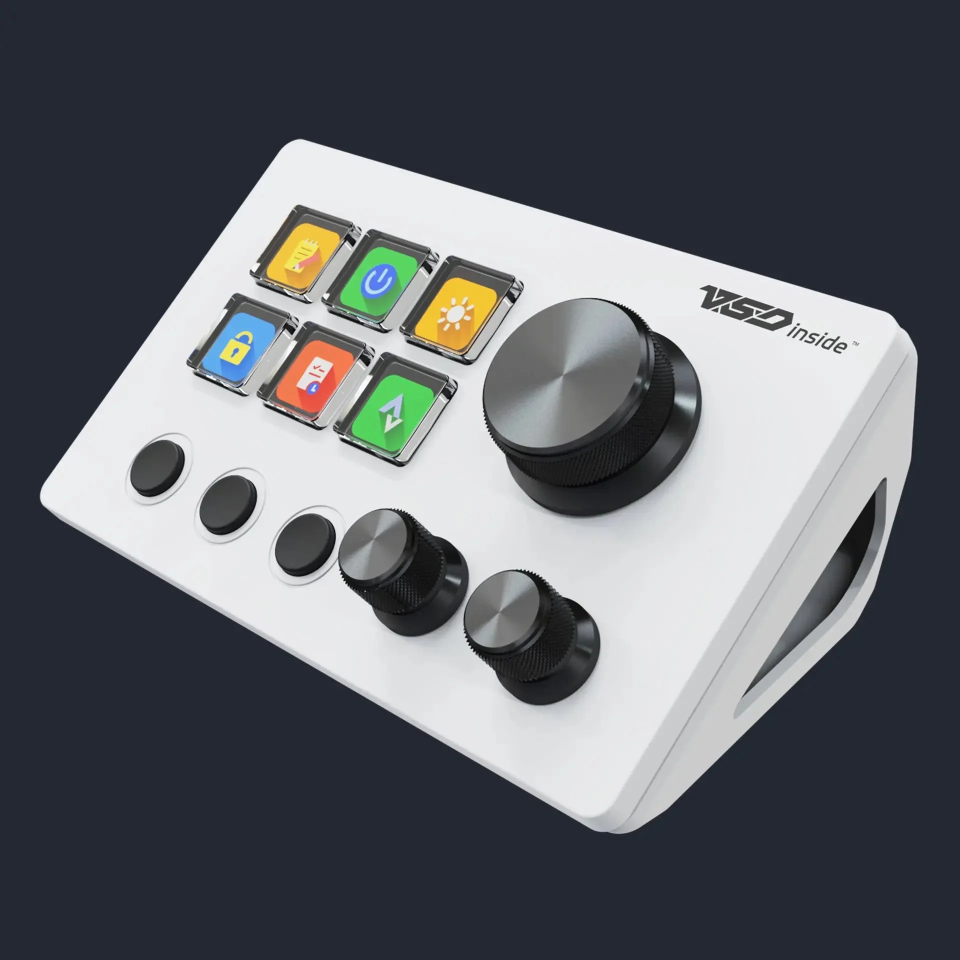 Stream Dock N3 сверху: шесть клавиш-экранов, три клавиши сцен и рифлёные ручки