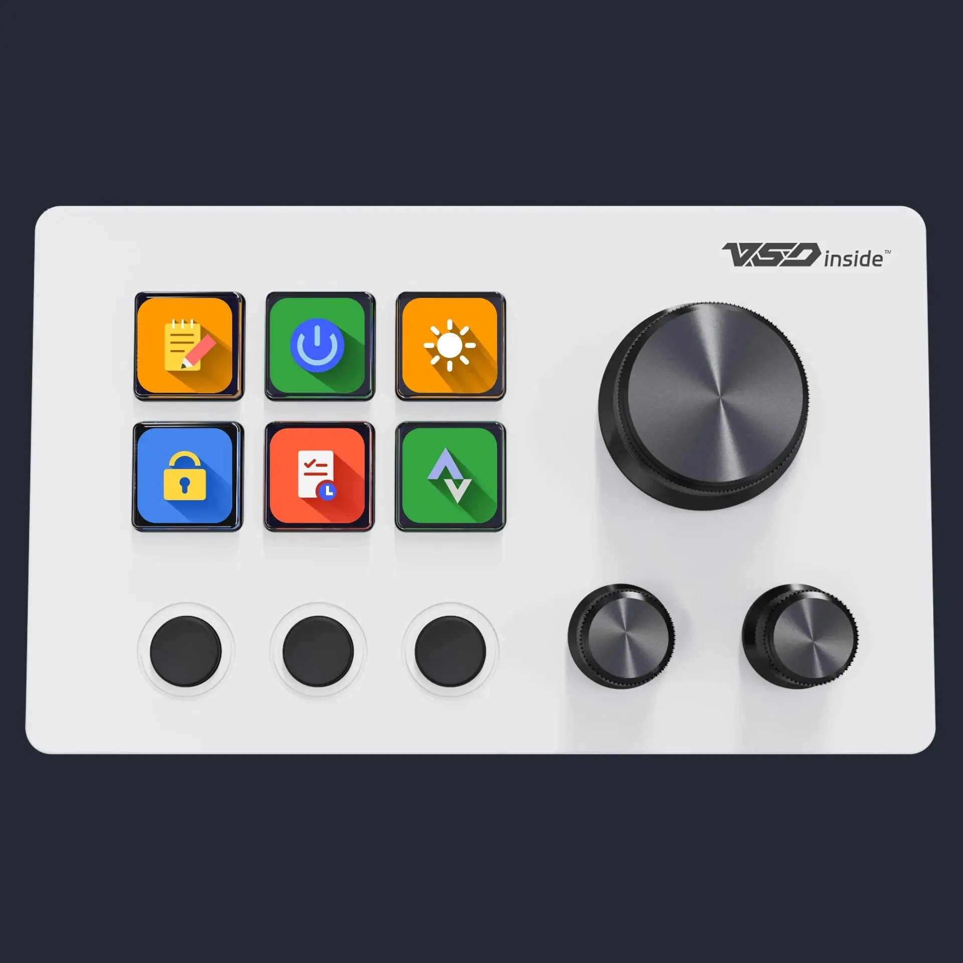 VSDinside Stream Dock N3 в белом корпусе: 6 цветных LCD-клавиш, 3 клавиши сцен и 3 ручки