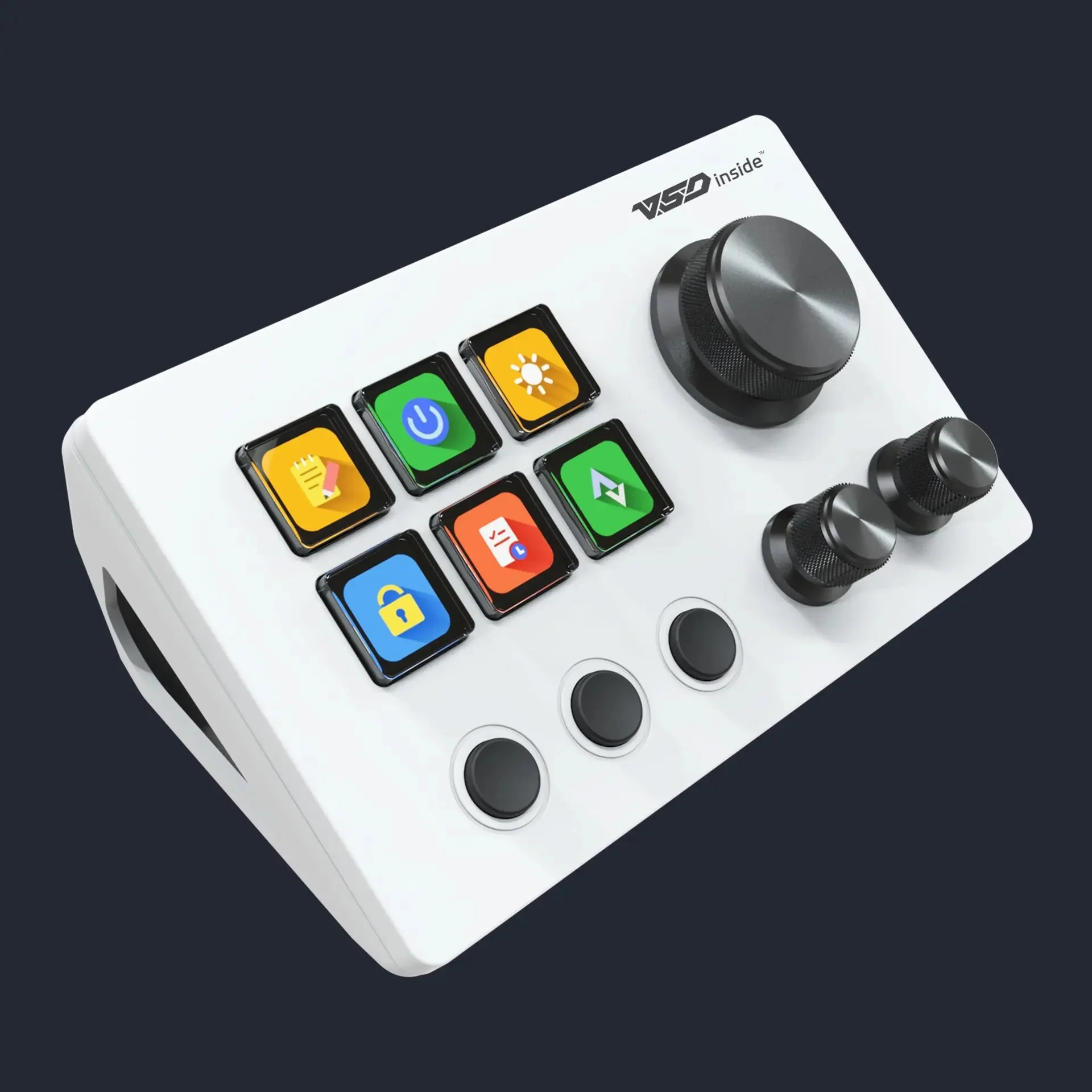 Stream Dock N3 в три четверти: видно наклон панели, большую ручку и две малые