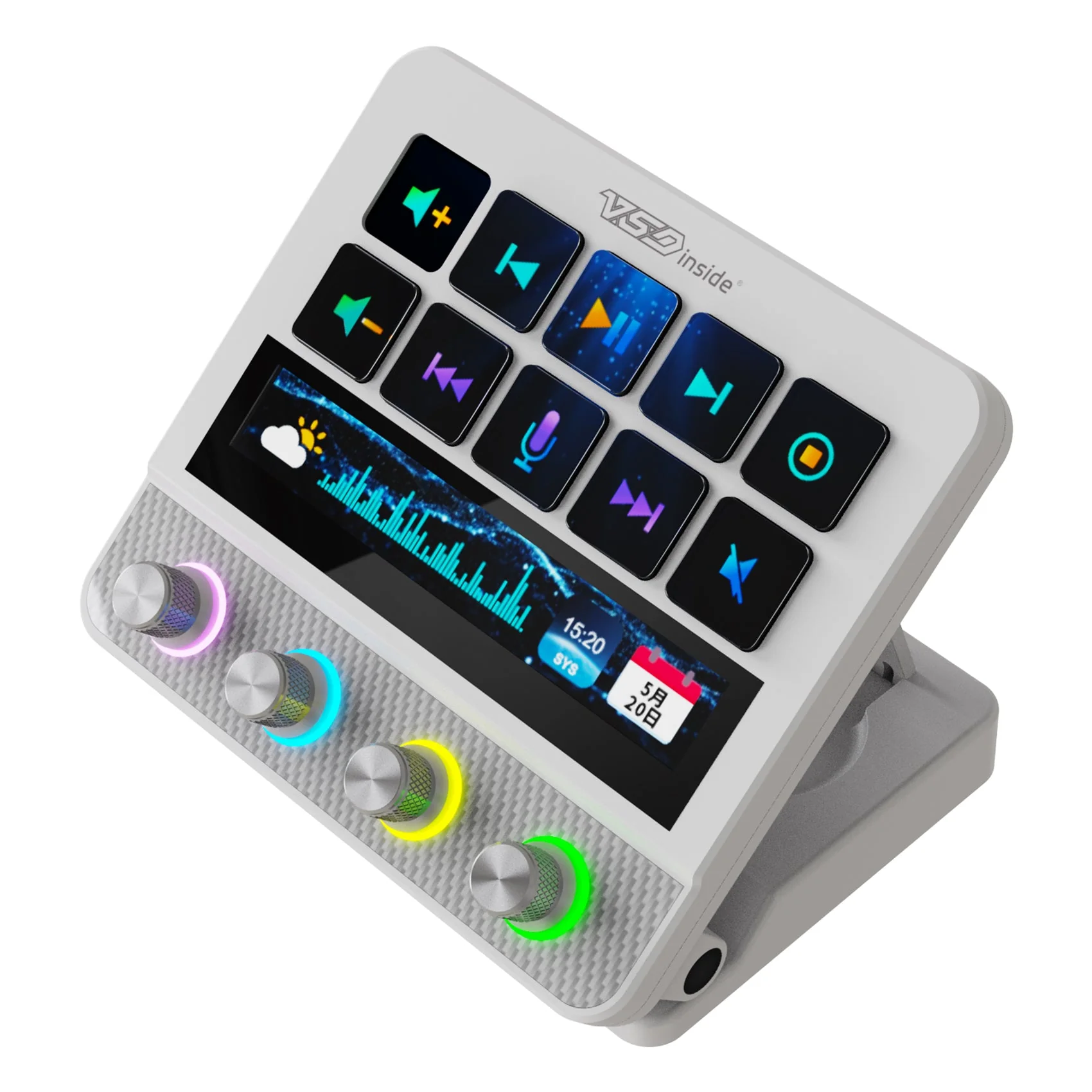 VSDinside Stream Dock N4 Pro в белом корпусе: 10 LCD-клавиш, тач-бар и 4 энкодера с RGB-кольцами