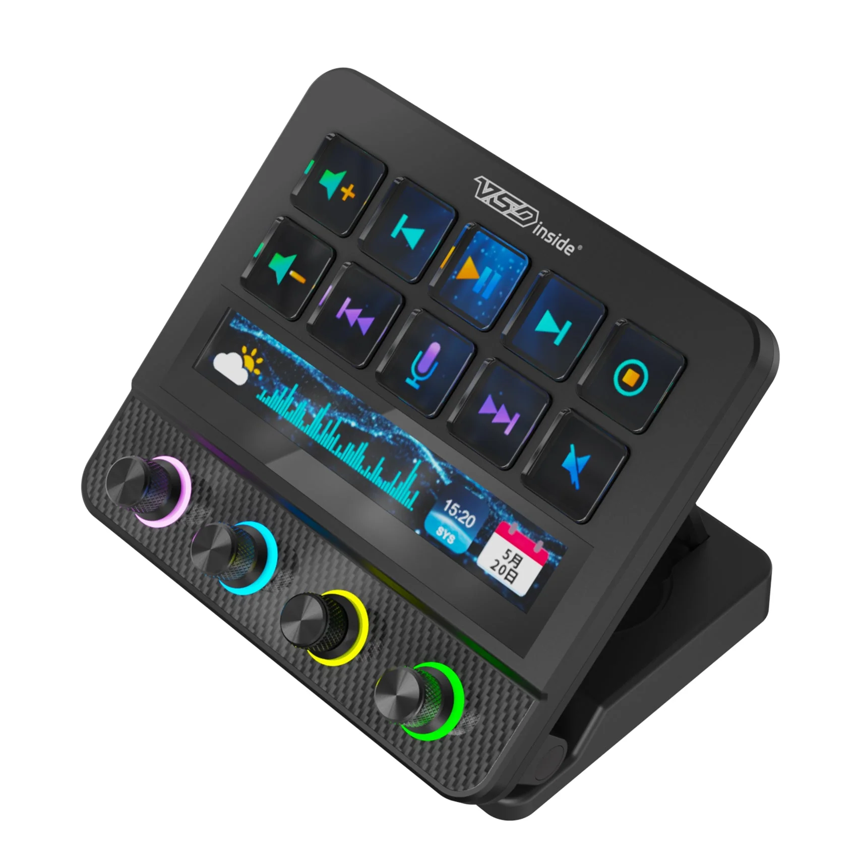 VSDinside Stream Dock N4 Pro в чёрном корпусе с подсвеченными кольцами энкодеров