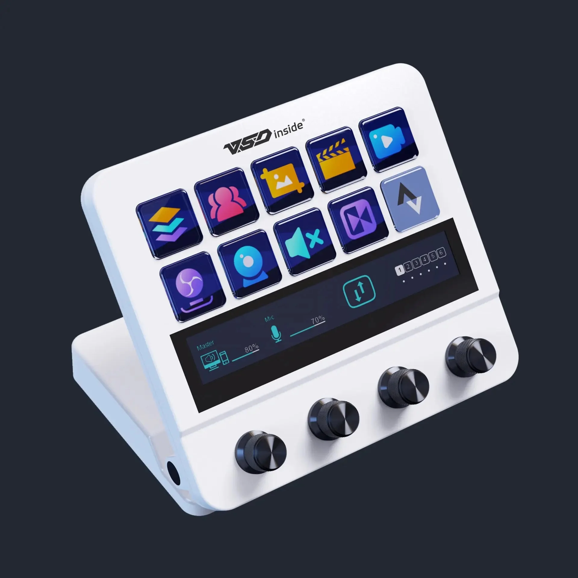 Stream Dock N4 в три четверти: наклон панели, полоса-дисплей с микшером и ряд энкодеров