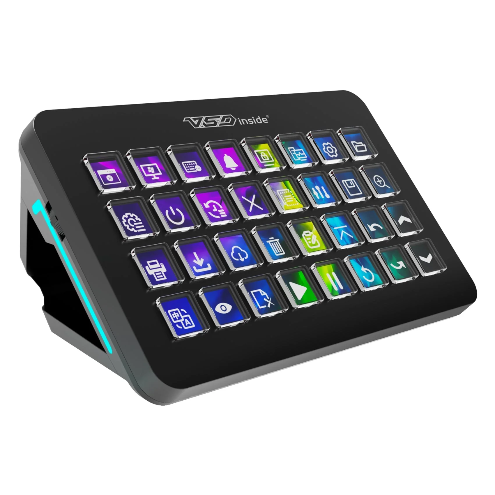 Чёрный Stream Dock XL на подставке под углом, 32 клавиши с цветными иконками