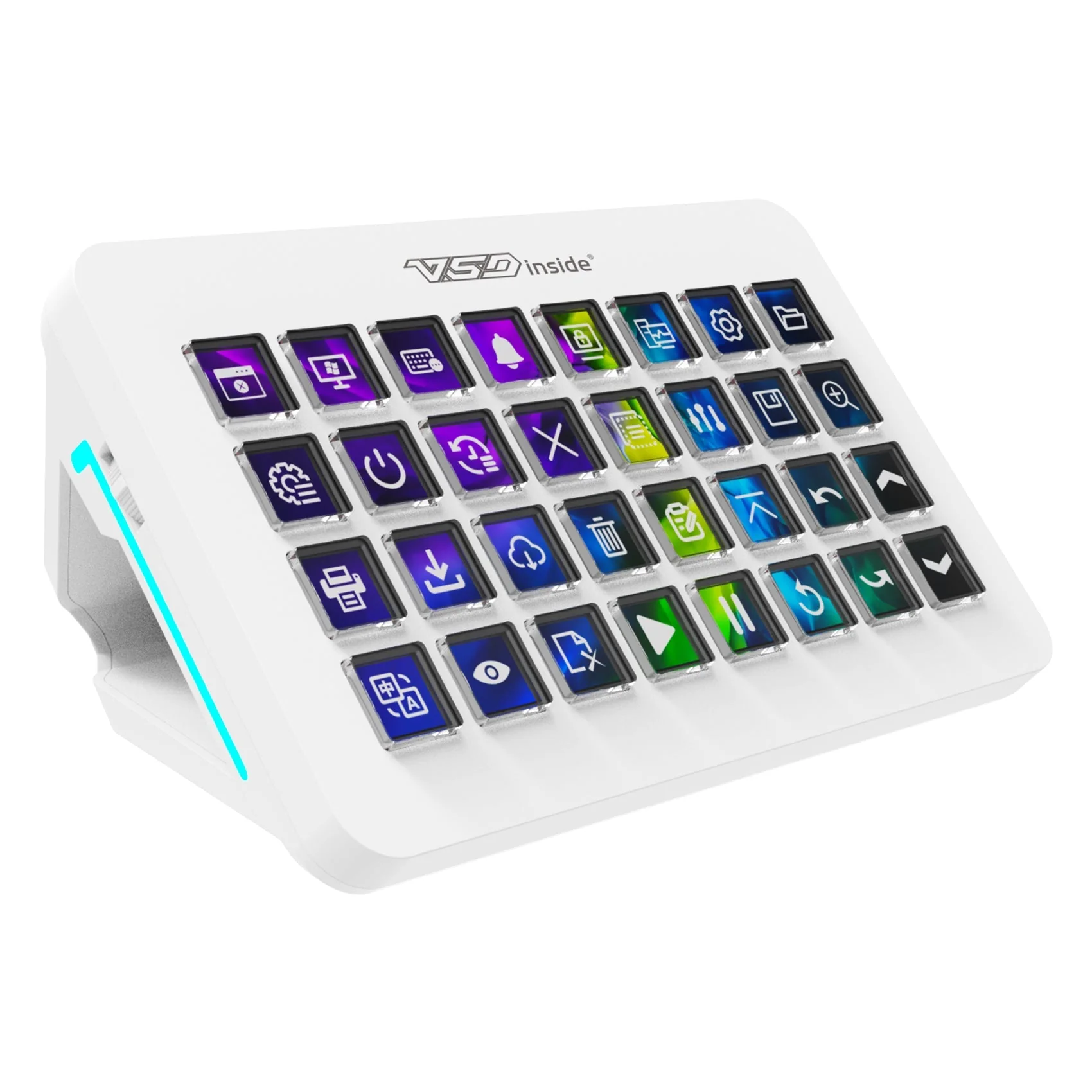 Белый VSDinside Stream Dock XL на магнитной подставке: 32 ЖК-клавиши и бирюзовая подсветка по краю